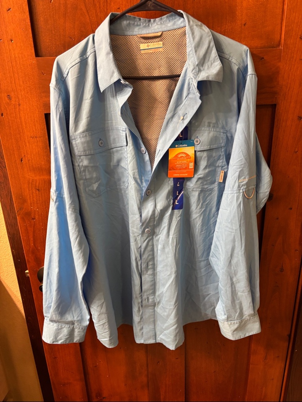 Columbia Light Blue  Button-Up Shirt. Omni shade 40 UPF rating